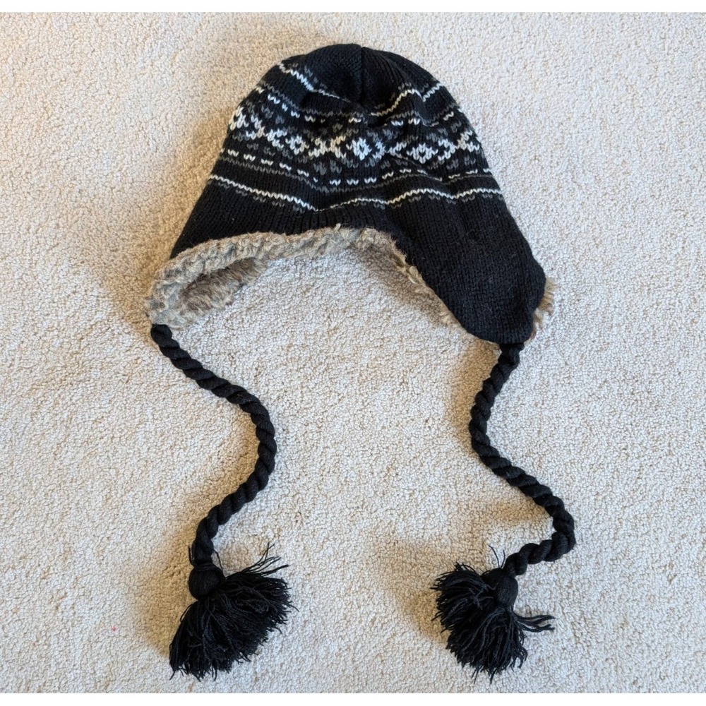 Winter Nordic Pattern Knit Faux Fur Hat Ear Flap Black Gray White One Size